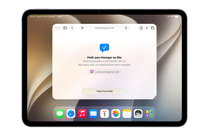 iPad mostrando a interface do Pedir para Navegar, notificando que a pessoa precisa de permissão para navegar com o botão “Pedir permissão” abaixo
