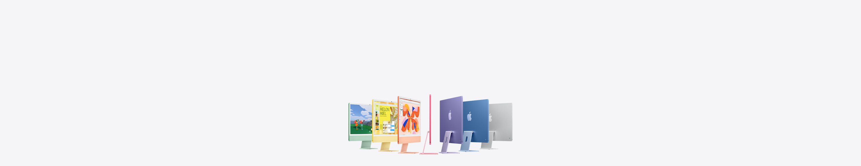 Sept iMac de couleur verte, jaune, orange, rose, violette, bleue et argent, disposés en accordéon
