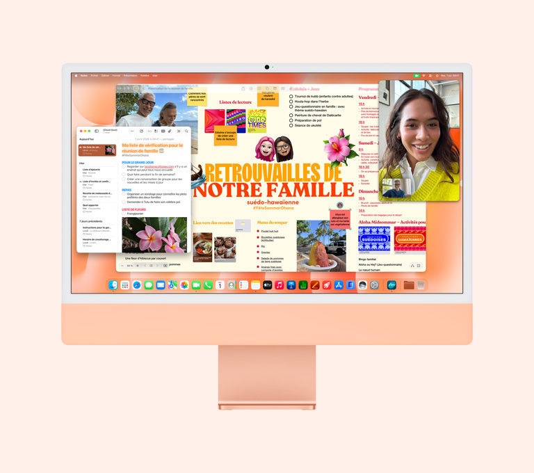 iMac, face avant, couleur orange, écran affichant un appel FaceTime, un tableau de planification pour une réunion de famille, et l’app Notes