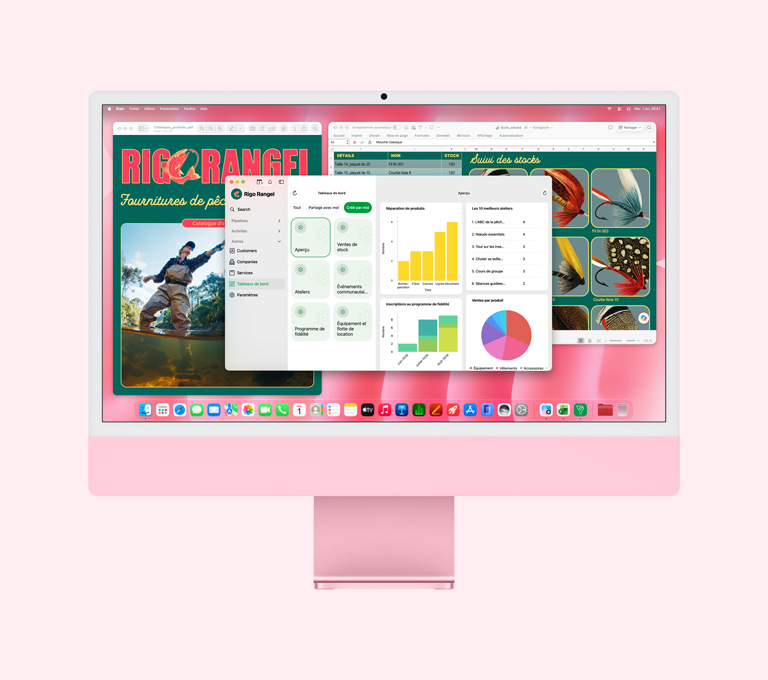 iMac, face avant, couleur rose, écran affichant des apps de productivité