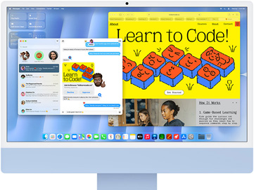 Pohled zepředu na modrý iMac, na kterém je vidět aplikace Zprávy a webová stránka s textem Nauč se programovat