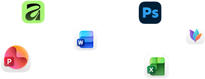 Na obrazovce se vznášejí ikony různých aplikací jako Microsoft Word, Adobe Photoshop, Canva a Figma