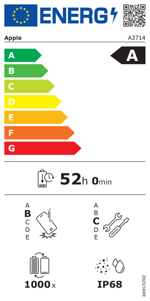 EU Energy Label QR code and information, Apple model A3714, class A, energy efficiency classes (with a scale from A to G), A (most efficient) to G (least efficient), battery endurance per cycle, 52 hours and 0 minutes per full battery charge, repeated free fall reliability class B, A (most robust) to E (least robust), repairability class C, A (most repairable) to E (least repairable), 1,000 battery endurance in cycles, dust and water ingress protection (IP) rating IP68, regulation 2023/1669.