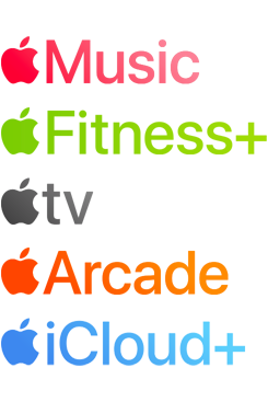 Logos de servicios de suscripción de Apple, como Apple Music, Fitness+, Apple TV, Apple Arcade y iCloud+