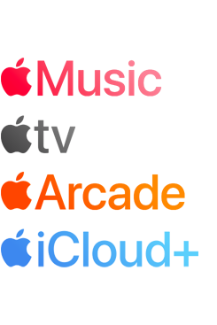 Applen tilauspalvelujen logot, muun muassa Apple Music, Fitness+, Apple TV, Apple Arcade ja iCloud+