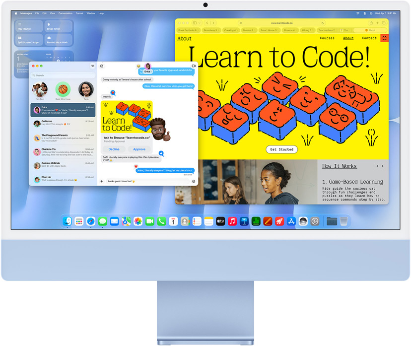 iMac, front exterior, blue colour, displaying Messages app and a 'Learn to Code' website.