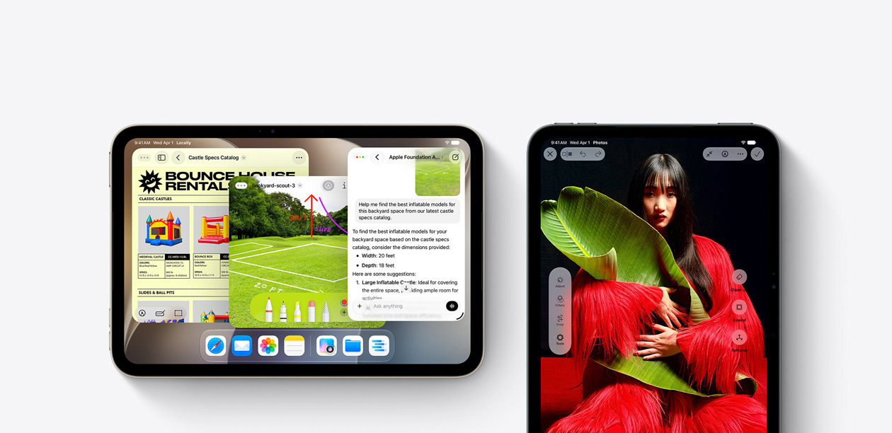 Vista frontal de dispositivos iPad mini a mostrar várias apps.
