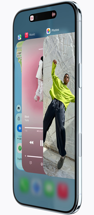 iPhone Air, face avant, côté, avec les apps Plans, Musique et Apple TV+, présentant la fonctionnalité Sélecteur d’app en cours d’utilisation