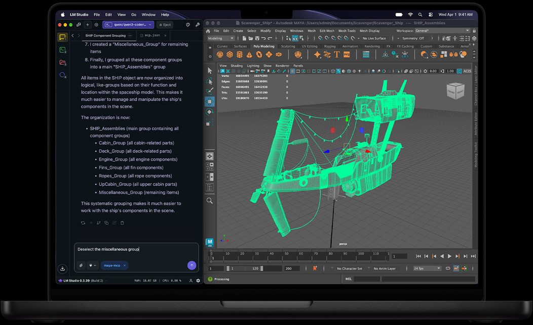 MacBook Pro, LM Studio, tekoälyapuri luettelee vaiheet aluksen komponenttien ryhmittelyä varten, kehote lukee: Deselect the miscellaneous group, Autodesk Maya, vihreä 3D-alkuperäismalli avaruusaluksesta