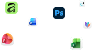 A kijelzőn különböző alkalmazások, köztük a Microsoft Word, az Adobe Photoshop, a Canva és a Figma ikonjai lebegnek