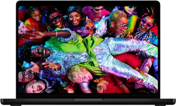 Egy partin crowdsurfingelő emberről készült felvétel a MacBook Pro színes képernyőjén, amely jól szemlélteti az élénk Liquid Retina XDR-kijelző tulajdonságait.