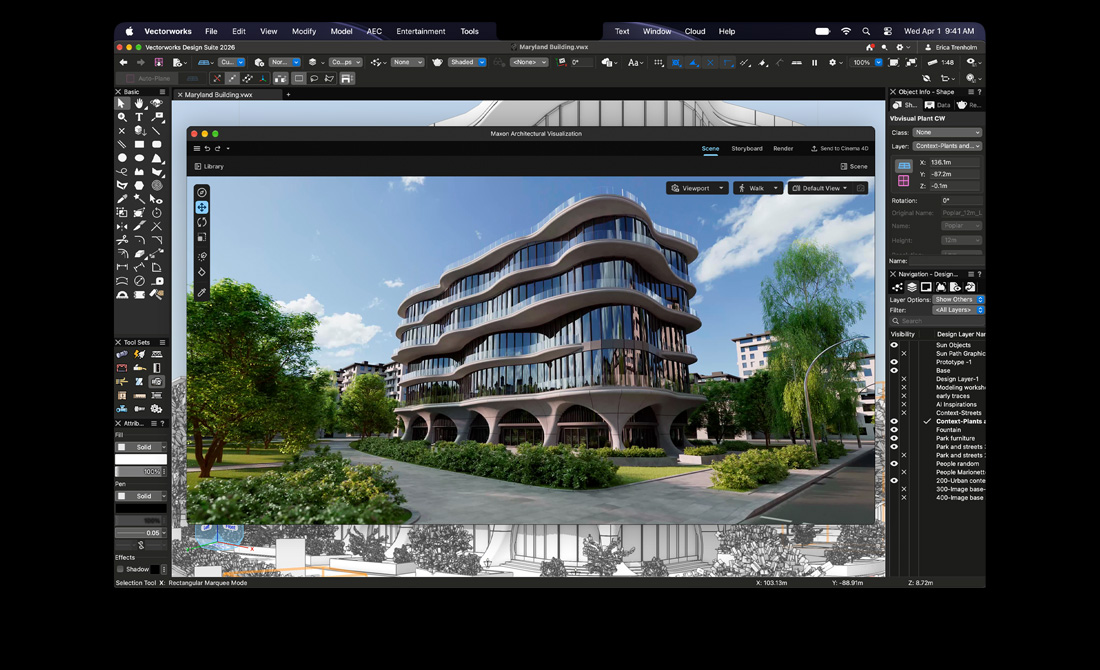 Layar MacBook Pro menampilkan Vectorworks Design Suite