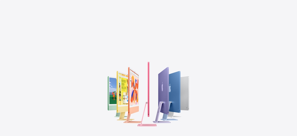 سبعة موديلات iMac باللون الأخضر والأصفر والبرتقالي والوردي والليلكي والأزرق والفضي، مصطفة في ترتيب يشبه شكل الأكورديون