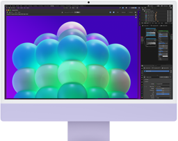 جهاز iMac، الجهة الخارجية الأمامية، لون ليلكي، يعرض مجموعة فقاعات مفعمة بالألوان في تطبيق لتعديل الصور