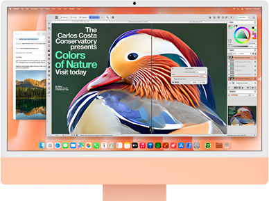 iMac, front exterior, orange color, displaying image editing app with AI tools, and Mail app in the background