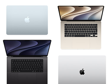 Four MacBooks of various models, sizes, and colors, demonstrating the range of customization