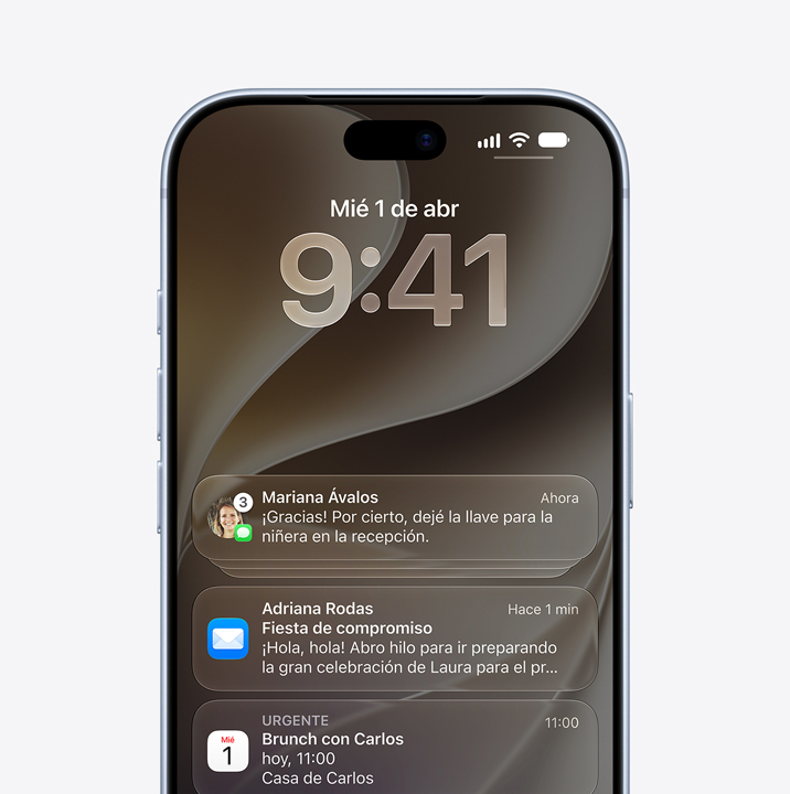 iPhone 18 Pro, parte frontal, notificaciones de las apps Mensajes, Mail y Calendario en la pantalla bloqueada
