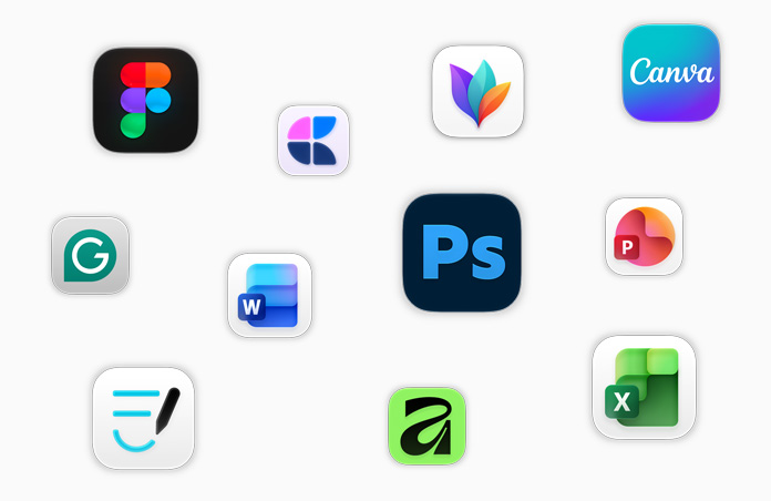 ไอคอนแอปหลากหลายแอปลอยอยู่บนหน้าจอ, เช่น Adobe Photoshop, Canva, Microsoft Excel และ Figma