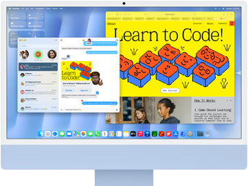 iMac, ภายนอกด้านหน้า, สีฟ้า, แสดงแอปข้อความและเว็บไซต์ 'เรียนเขียนโค้ด'