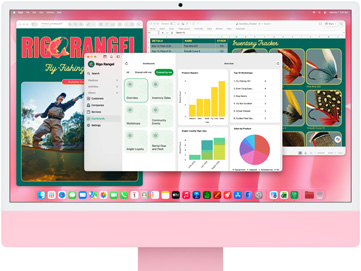 iMac, ภายนอกด้านหน้า, สีชมพู, แอปหลายแอปเปิดอยู่แสดงตัวติดตามสินค้าคงคลัง, ดีไซน์แค็ตตาล็อกตกปลาโดยใช้เหยื่อปลอม, และแดชบอร์ดธุรกิจ