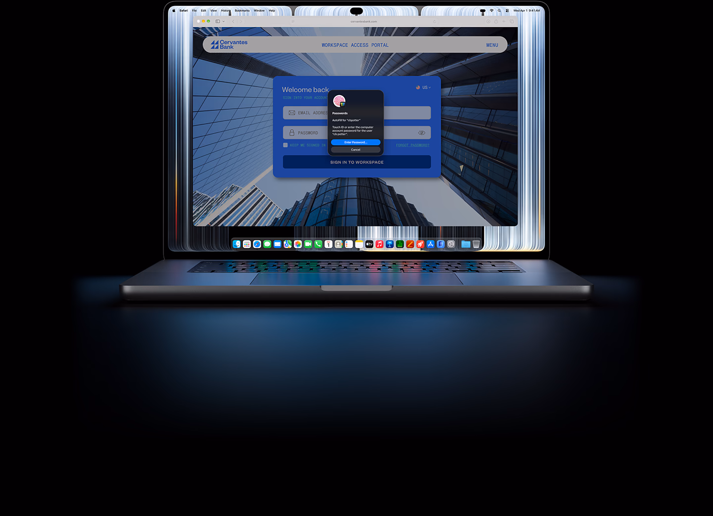 MacBook Pro พร้อมจอภาพ PROLED XDR, หน้าต่าง Safari ขนาดเล็กแจ้งให้ผู้ใช้ใช้ Touch ID หรือป้อนข้อมูลประจำตัวเพื่อล็อกอินเข้าเว็บไซต์