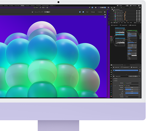 iMac, önden dış görünüm, mor, ekranında bir görsel düzenleme uygulamasında renkli baloncuklardan oluşan bir yapı gösteriliyor