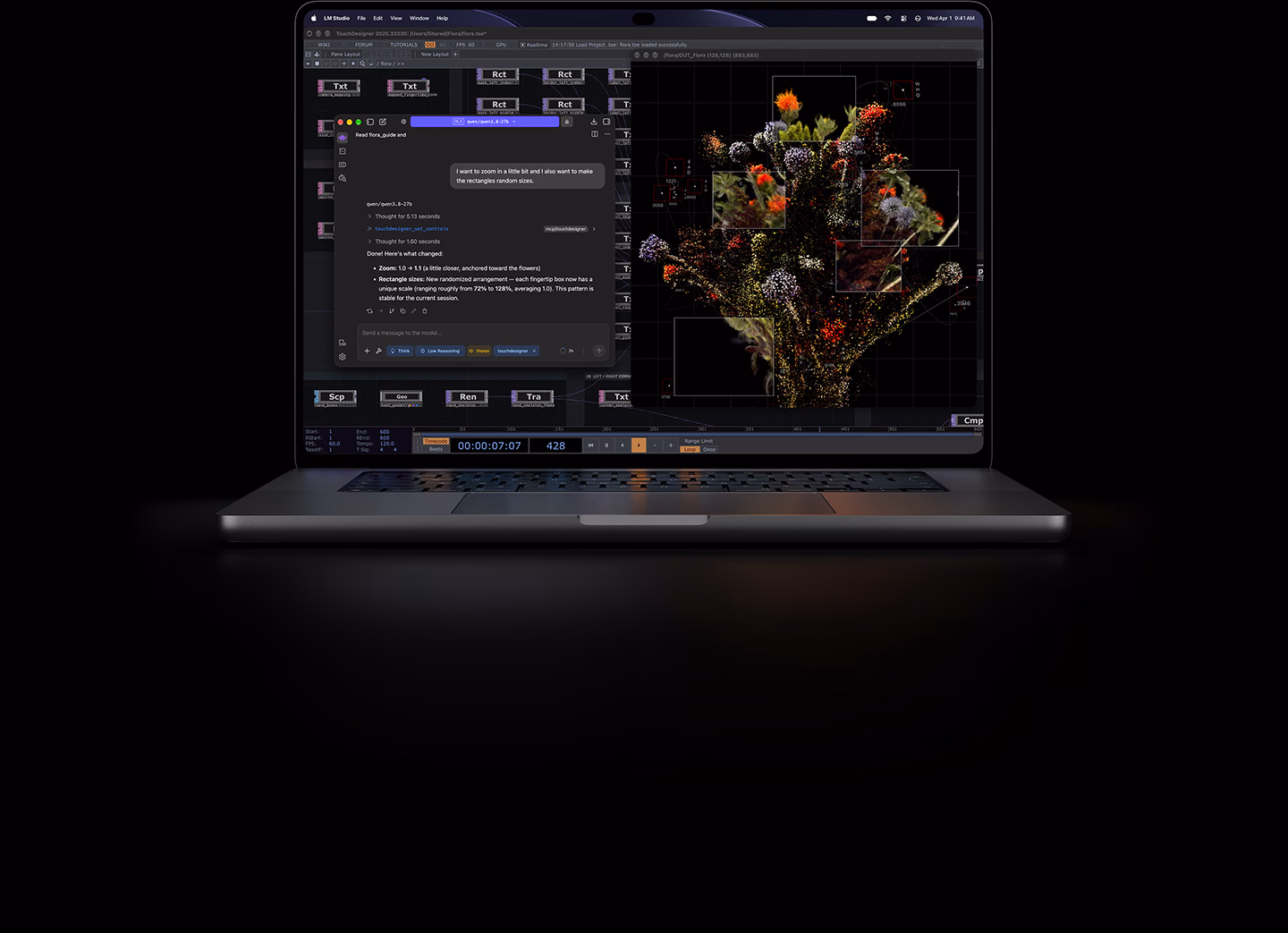 PROLED XDR Ekranlı 16 inç MacBook Pro, gümüş rengi, ekranda TouchDesigner ve LM Studio kullanılarak oluşturulmuş bir görsel gösteriliyor