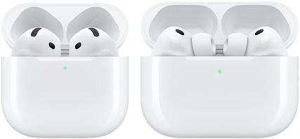 Fones de ouvido AirPods 5 e AirPods Pro 3 em estojos de recarga abertos na cor branca com luzes de status verdes