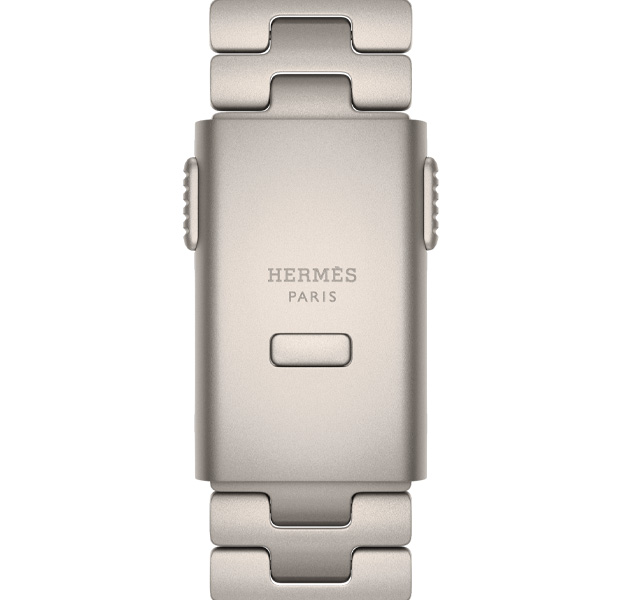 Apple Watch Hermès Ultra 4 Gris Titane 鈦灰色 Grand H Titane 錶帶細節，錶釦上鐫刻 Hermès 標誌