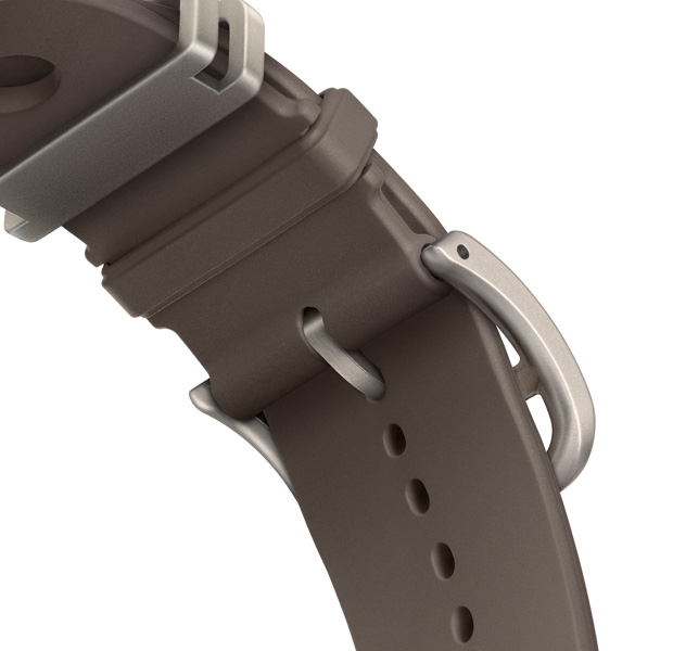 Apple Watch Hermès Ultra 4 Gris Titane 鈦灰色 (灰色系) Scub'H Diving 錶帶，展示錶釦底部細節，錶帶由橡膠材質模塑成型，中央有圓孔鏤空設計