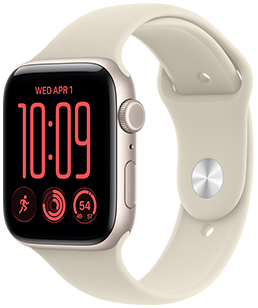 Apple Watch SE 3, aluminium case, starlight colour, Modular watch face, complications: day and date, Workouts, Activity rings, temperature, right side exterior, Digital Crown, side button, Sport Band, sand colour