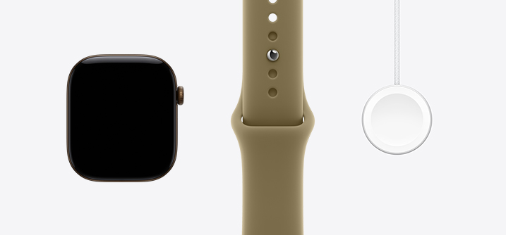 Apple Watch Series 12, алуминиев корпус, цвят тъмен бронз, преден екстериор, дисплей от край до край, спортна каишка в маслинен цвят, магнитно бързо зарядно за Apple Watch към USB‑C кабел
