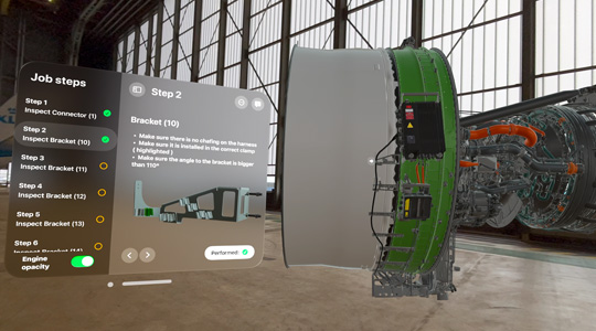 A 3D projection of a jet engine in an industrial space, with a series of step-by-step job instructions in a floating window
