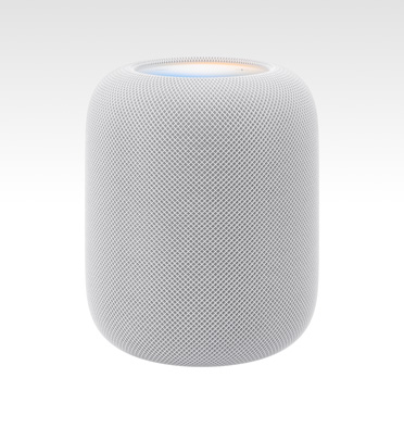 HomePod, white color, with illuminated top display