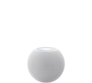 HomePod mini 2, white colour, front exterior, compact spherical design, seamless acoustic mesh fabric. Top exterior, flat backlit touch surface, multi-coloured illumination