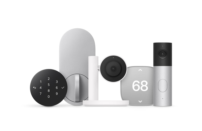Smart home accessories: keypad door lock, deadbolt lock, camera on stand, thermostat, video doorbell