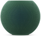 HomePod mini 2, green colour, front exterior, compact spherical design, seamless acoustic mesh fabric