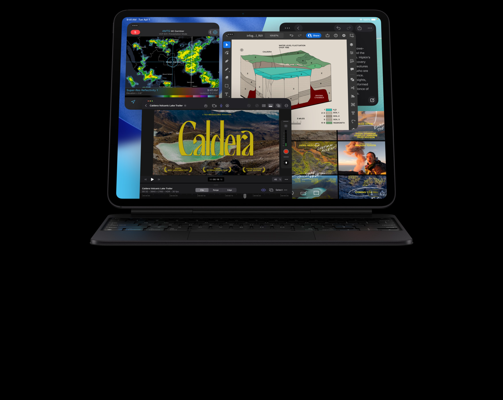 iPad Pro, front exterior, landscape orientation, space black color, attached to Magic Keyboard, space black, display with multiple app windows: Final Cut Pro with multiple video editing features and timeline, Maps, Notes, media clips