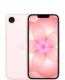 iPhone 17e, stražnja strana, blijedo ružičasta, Fusion kamera gore lijevo, centrirani Appleov logotip, prednja strana, blijedo ružičasta, zaslon od ruba do ruba