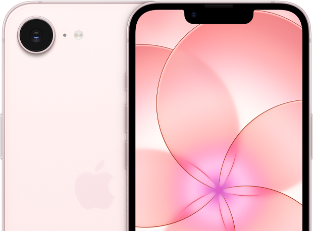 iPhone 17e, front exterior, soft pink color, partial view of back exterior of iPhone 17e showing the camera