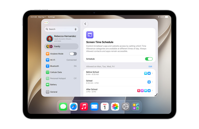 iPad Pro 11, Zilver, scherm met opties in Instellingen voor ouders om tijdslimieten en schermtijdschema’s voor hun kind in te stellen