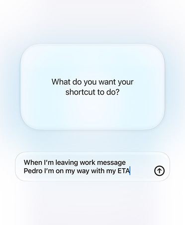 Scherm met vraag en antwoord van Siri AI en gebruiker over de bedoeling van de opdracht, Wat wil je dat je opdracht doet?, antwoord, stuur bij vertrek van het werk bericht naar Pedro Ik ben onderweg met mijn ETA