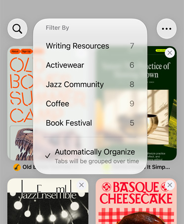 Menyn Filtrera i Safari på en iPhone med kategorier som Writing Resources, Activewear, Jazz Community, Coffee och Book Festival med alternativet Automatically Organize markerat